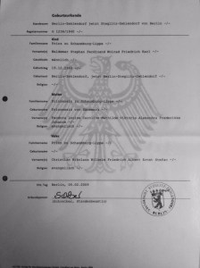 Prince Waldemar Birth Certificate, Mother Princess Feodora of Denmark (Dänemark)